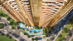 Elegance Tower by DAMAC in Downtown Dubai featuring elevated swimming pool deck and signature architectural facade in Dubai - Presented by Tohid Fetrat