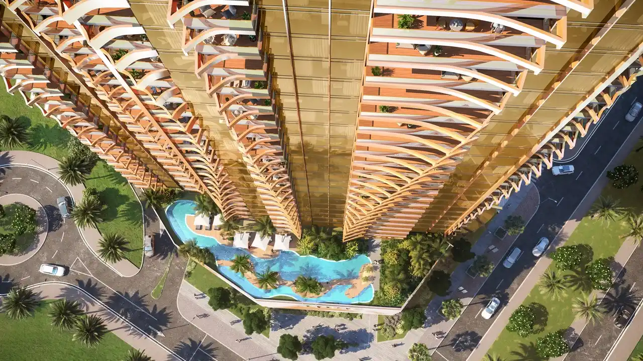 Elegance Tower by DAMAC in Downtown Dubai featuring elevated swimming pool deck and signature architectural facade in Dubai - Presented by Tohid Fetrat