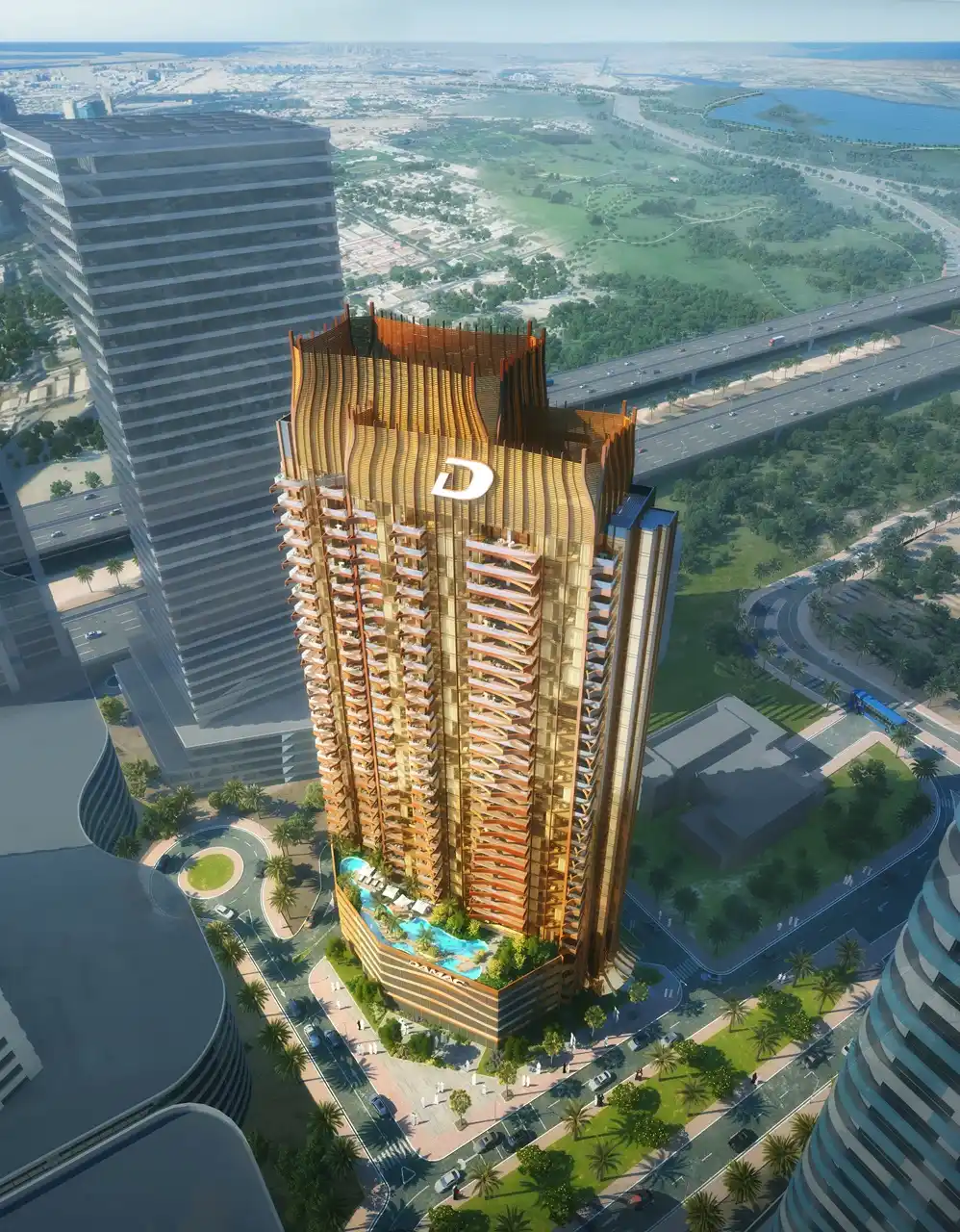 Elegance Tower by DAMAC in Downtown Dubai aerial view showcasing the architectural tower design and surrounding city landscape in Dubai - Presented by Tohid Fetrat
