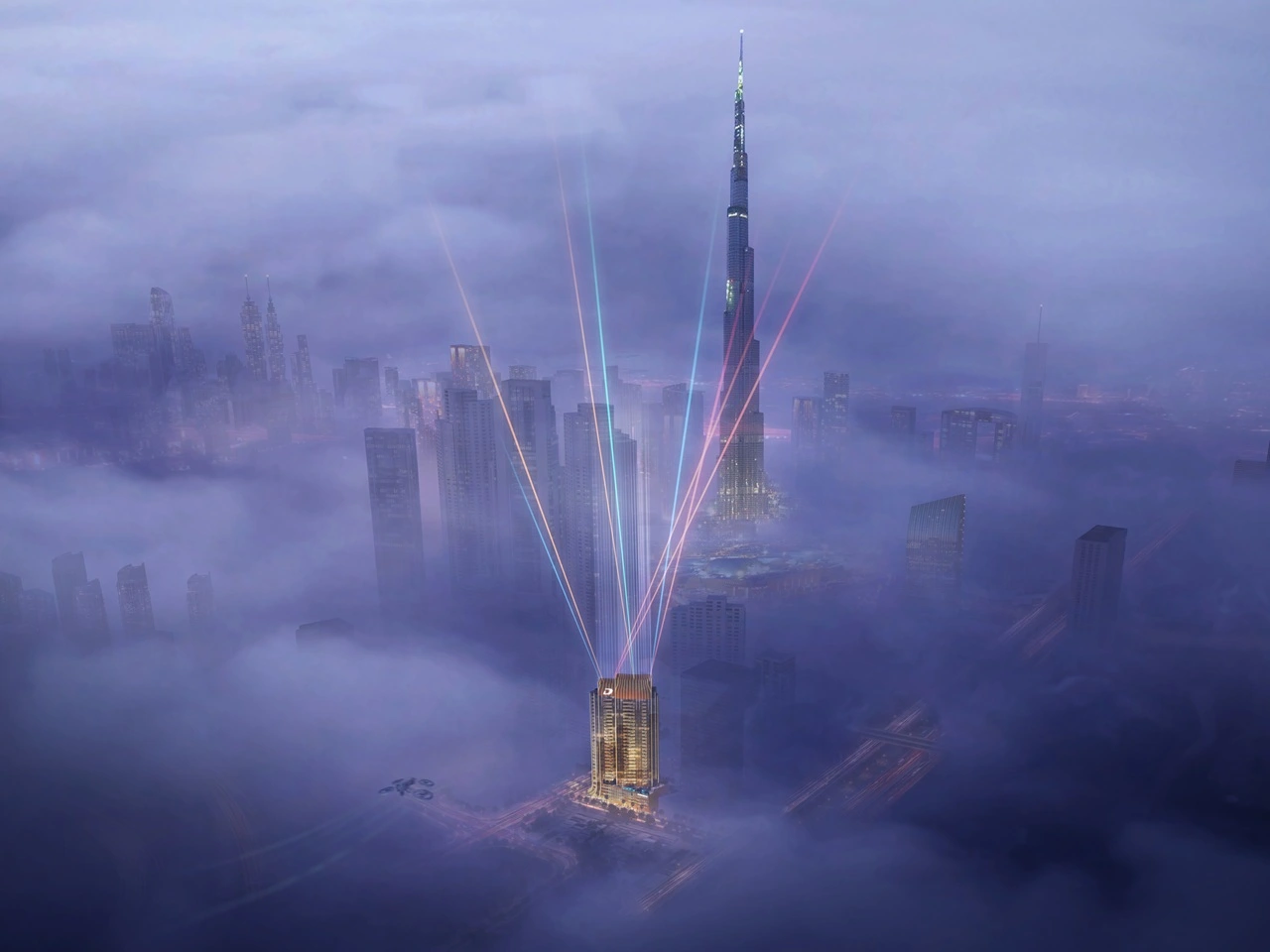 Elegance Tower by DAMAC in Downtown Dubai with illuminated tower design and Burj Khalifa skyline emerging above the clouds in Dubai - Presented by Tohid Fetrat