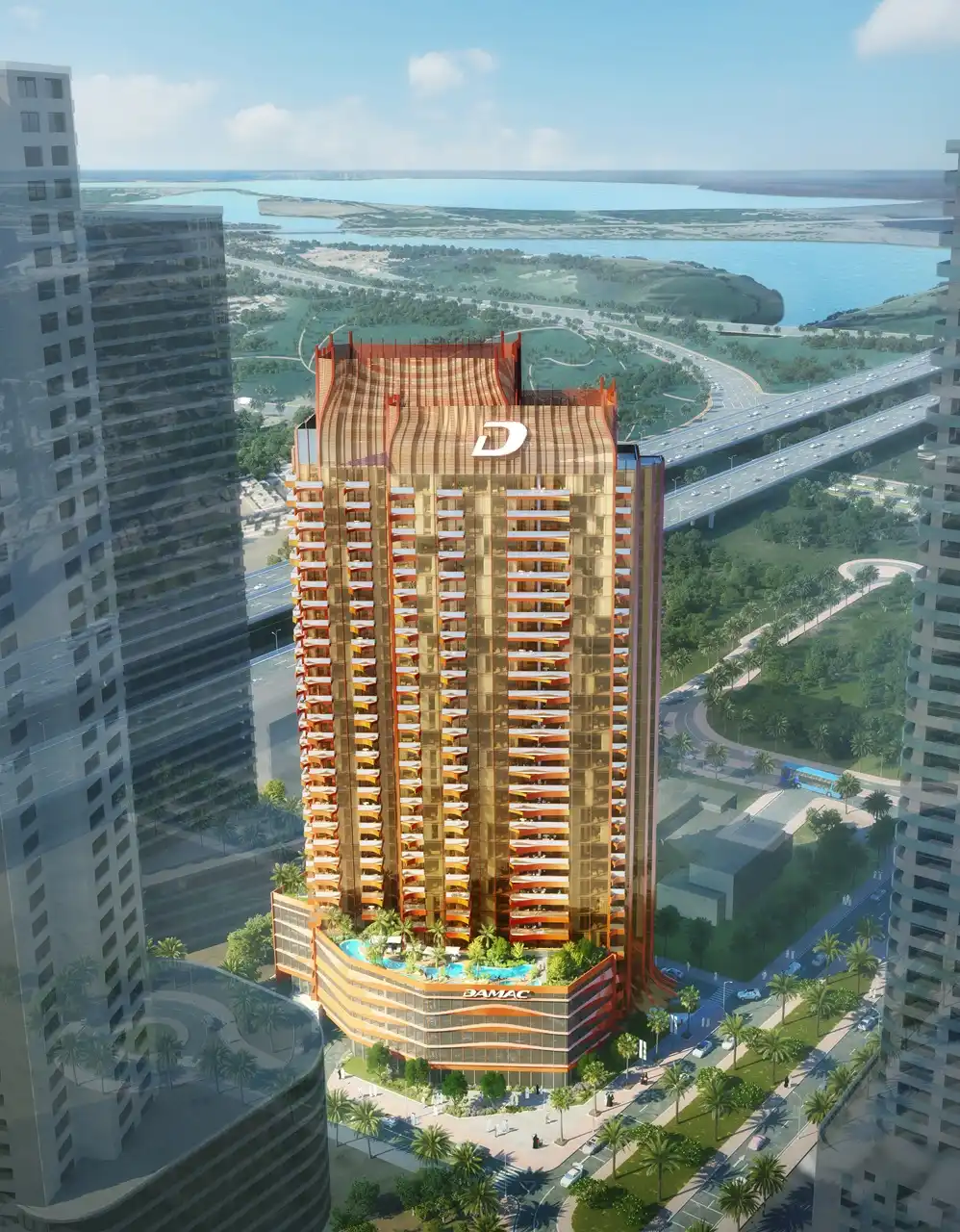 Elegance Tower by DAMAC in Downtown Dubai showcasing the tower within its urban setting with surrounding cityscape views in Dubai - Presented by Tohid Fetrat