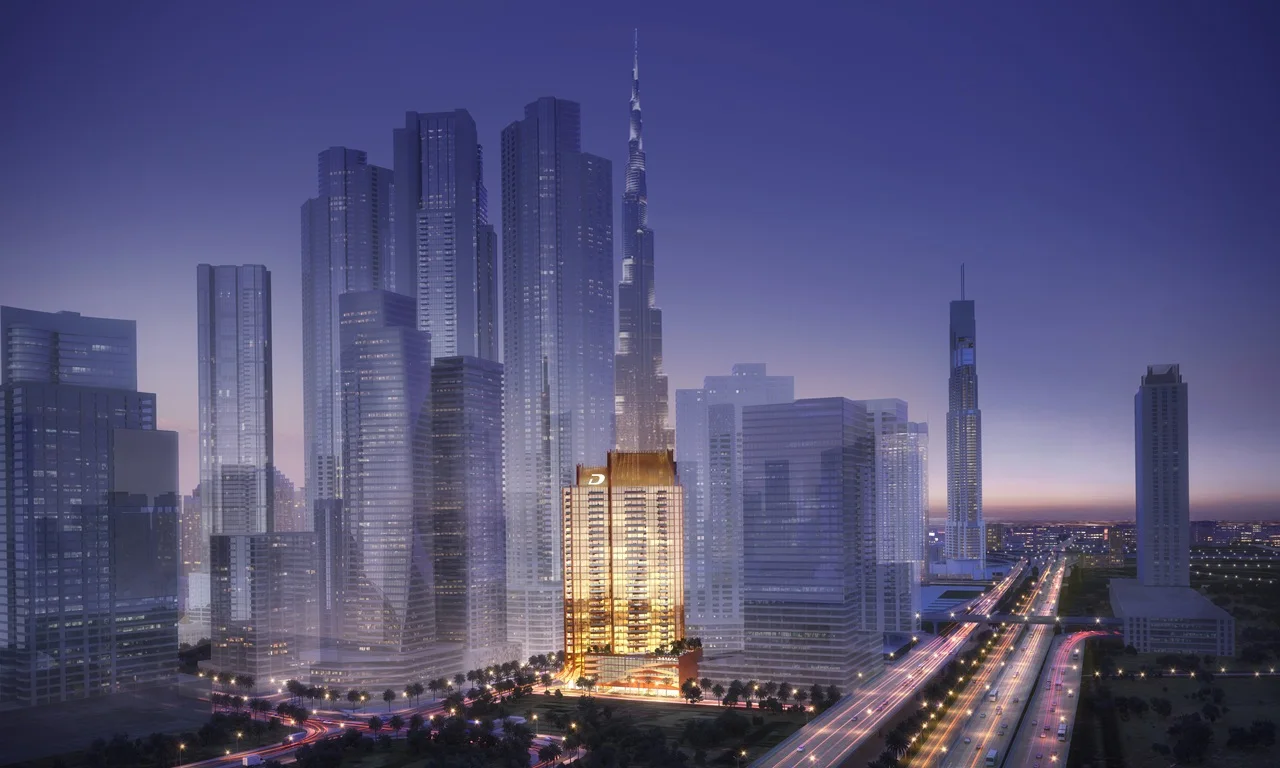 Elegance Tower by DAMAC in Downtown Dubai with illuminated tower facade and Burj Khalifa skyline view in Dubai - Presented by Tohid Fetrat