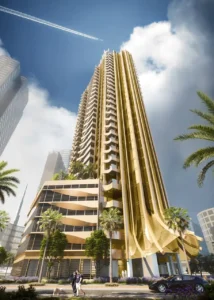 Elegance Tower by DAMAC in Downtown Dubai showcasing the tower facade and street level arrival experience in Dubai - Presented by Tohid Fetrat