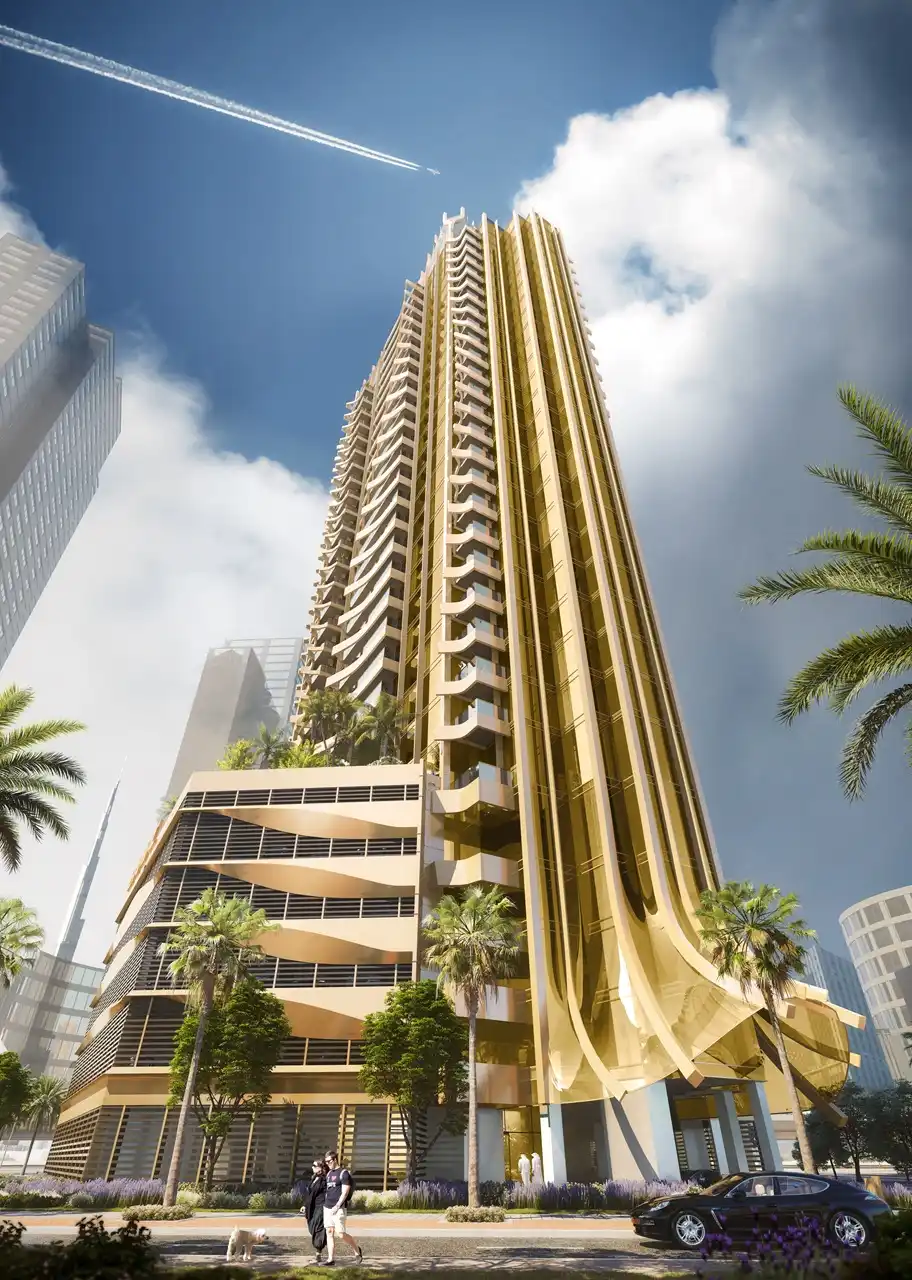 Elegance Tower by DAMAC in Downtown Dubai showcasing the tower facade and street level arrival experience in Dubai - Presented by Tohid Fetrat
