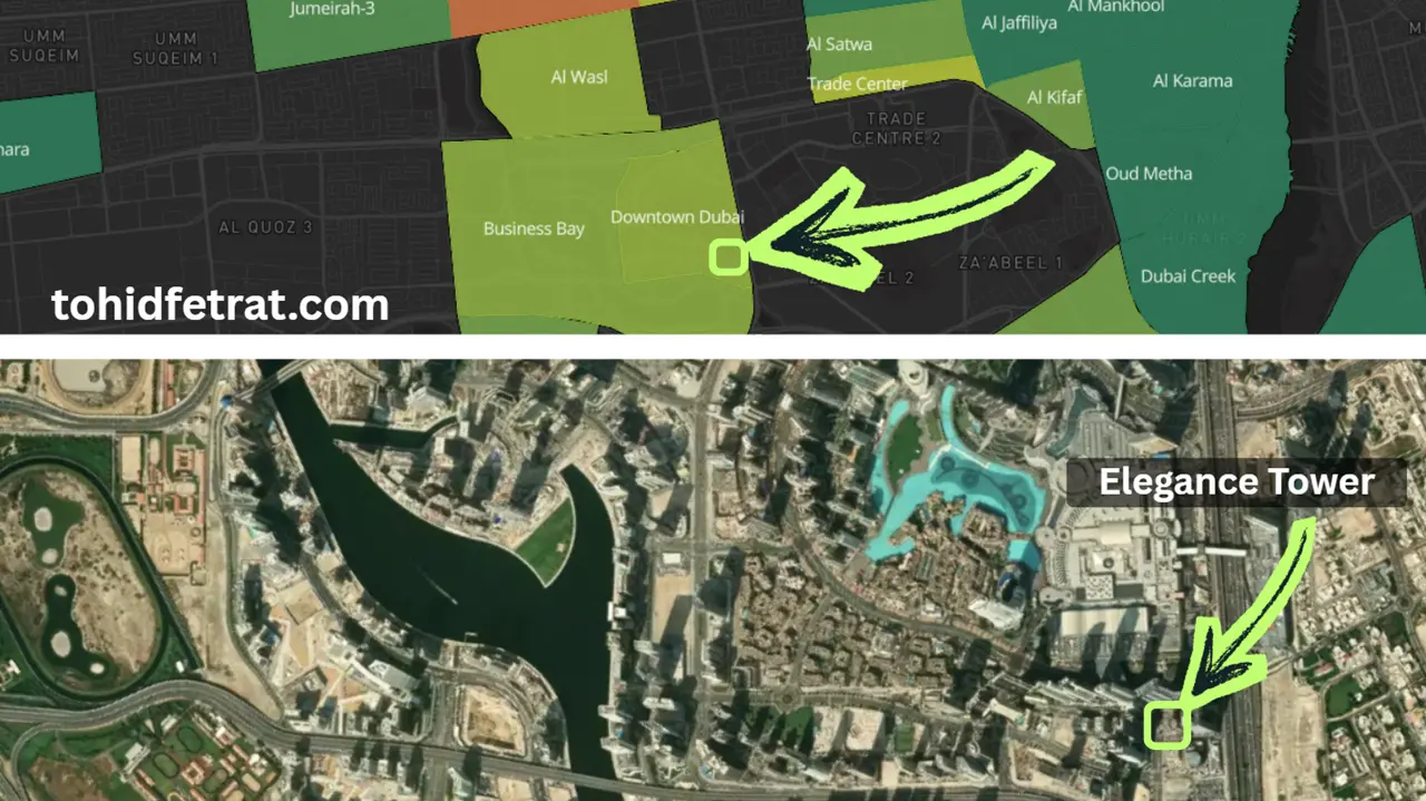 Elegance Tower by DAMAC in Downtown Dubai location within the Downtown Dubai community map highlighting the project position in Dubai - Presented by Tohid Fetrat
