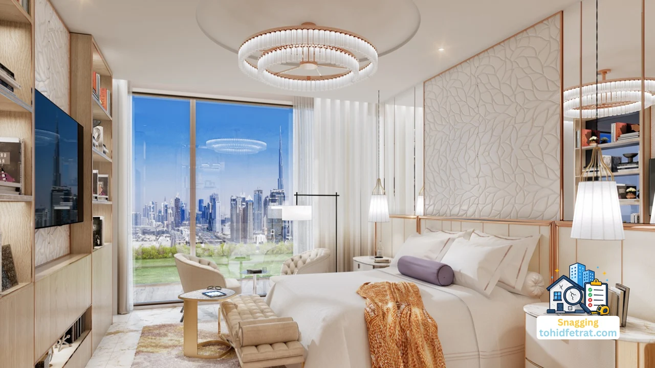 Why an Independent Inspection Protects Elegance Tower Buyers featuring a luxury bedroom with Downtown Dubai skyline views. Presented by Tohid Fetrat