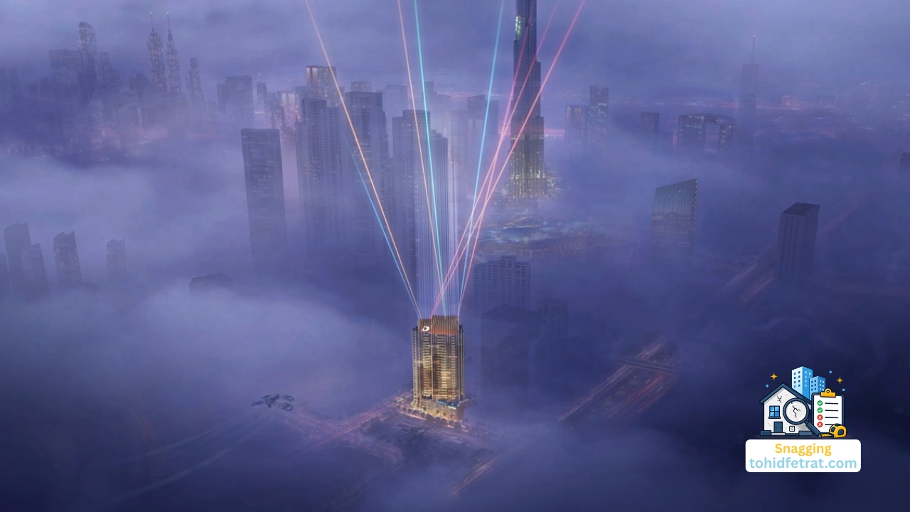 Elegance Tower Snagging Inspection featuring the illuminated tower rising above the Downtown Dubai skyline at night. Presented by Tohid Fetrat
