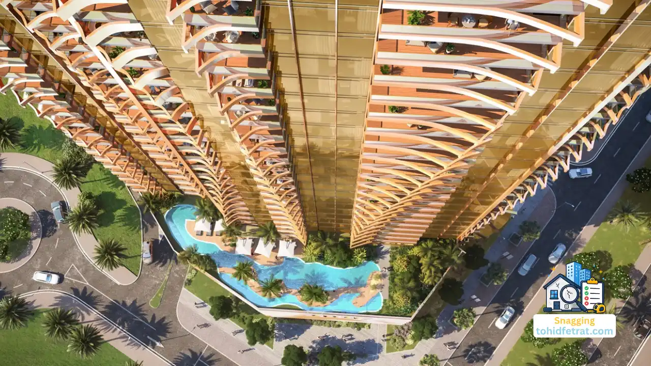 Why Snagging Matters at This Stage of Elegance Tower showing the tower facade and podium pool from an aerial perspective. Presented by Tohid Fetrat