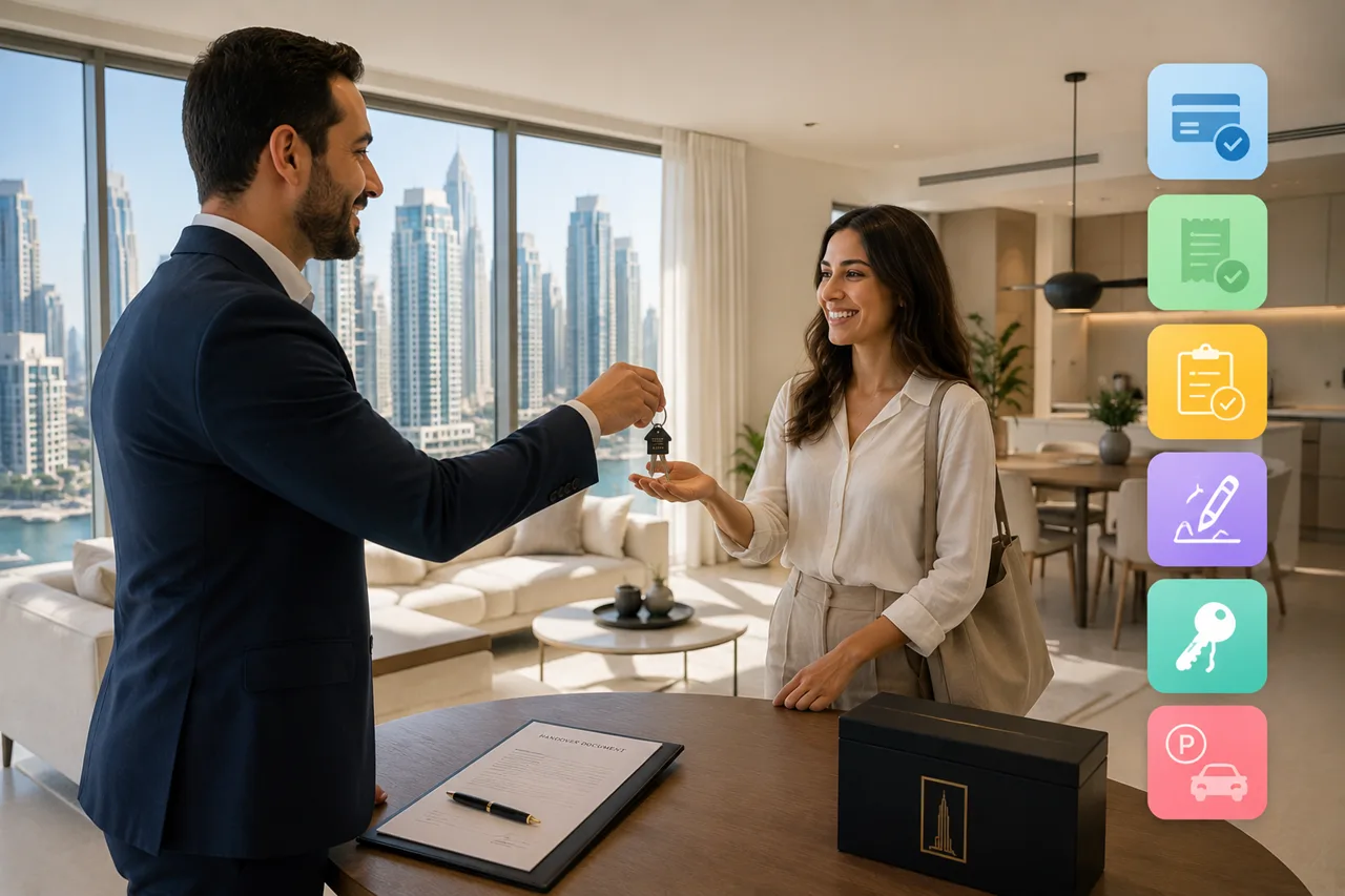Final Payment and Key Handover featuring the final property key handover inside a luxury apartment after completing the purchase process in Dubai Presented by Tohid Fetrat