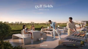 Golf Fields at Emaar South by Emaar Properties outdoor barbecue dining terrace overlooking the golf course in Dubai - Presented by Tohid Fetrat