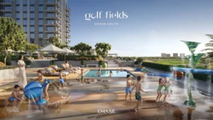 Golf Fields at Emaar South by Emaar Properties family water play area with swimming pool and golf course views in Dubai - Presented by Tohid Fetrat