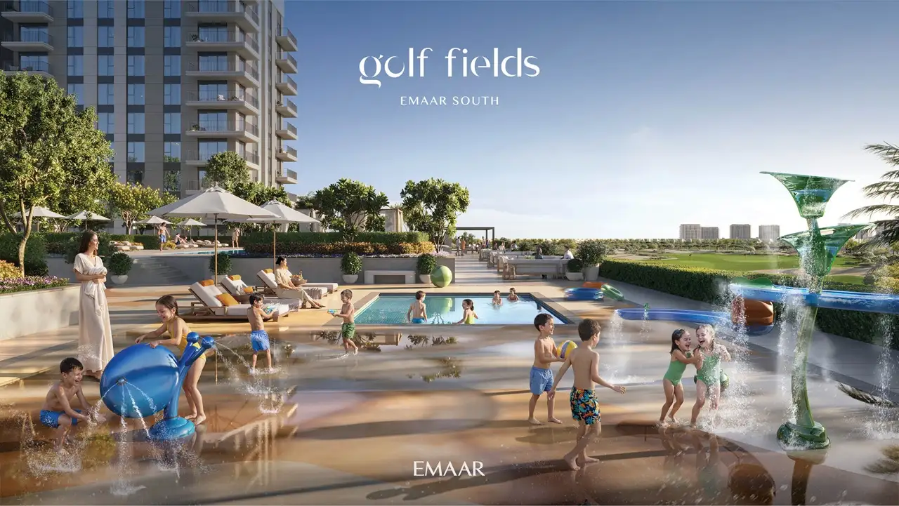 Golf Fields at Emaar South by Emaar Properties family water play area with swimming pool and golf course views in Dubai - Presented by Tohid Fetrat