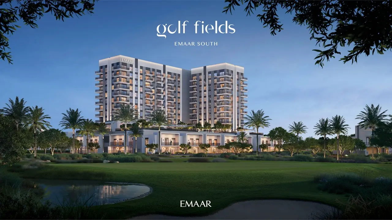 Golf Fields at Emaar South by Emaar Properties residential towers overlooking the championship golf course and landscaped greenery in Dubai - Presented by Tohid Fetrat