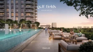 Golf Fields at Emaar South by Emaar Properties infinity pool terrace with outdoor lounge seating and golf course views in Dubai - Presented by Tohid Fetrat