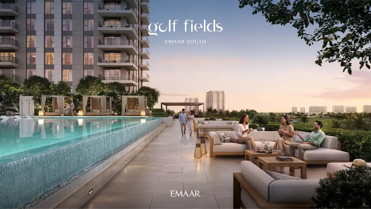 Golf Fields at Emaar South by Emaar Properties infinity pool terrace with outdoor lounge seating and golf course views in Dubai - Presented by Tohid Fetrat
