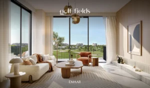 Golf Fields at Emaar South by Emaar Properties contemporary living room with floor to ceiling windows and golf course views in Dubai - Presented by Tohid Fetrat