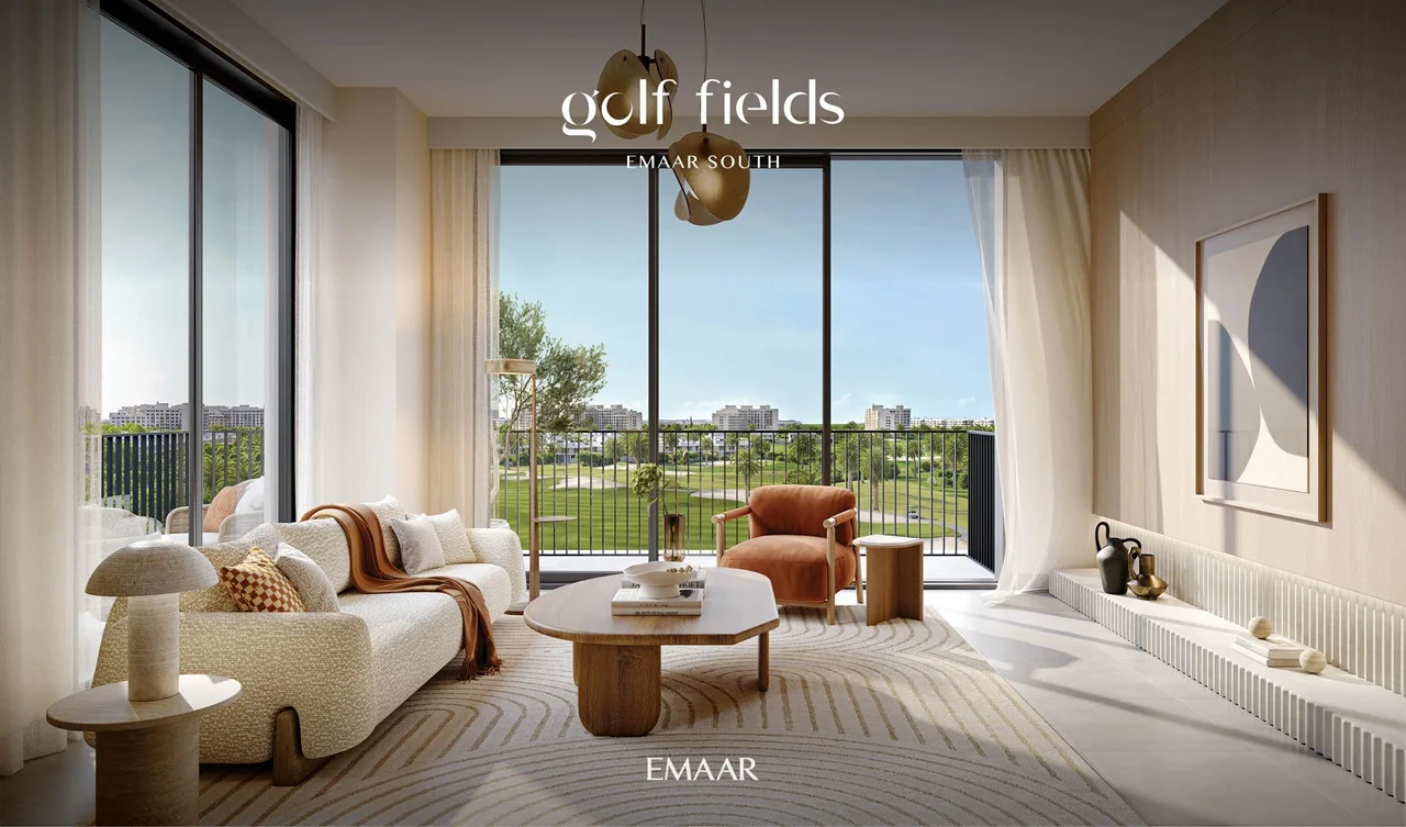 Golf Fields at Emaar South by Emaar Properties contemporary living room with floor to ceiling windows and golf course views in Dubai - Presented by Tohid Fetrat