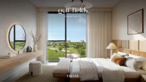 Golf Fields at Emaar South by Emaar Properties master bedroom with floor to ceiling windows overlooking the golf course in Dubai - Presented by Tohid Fetrat