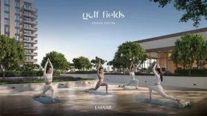 Golf Fields at Emaar South by Emaar Properties outdoor yoga deck surrounded by landscaped gardens and wellness facilities in Dubai - Presented by Tohid Fetrat