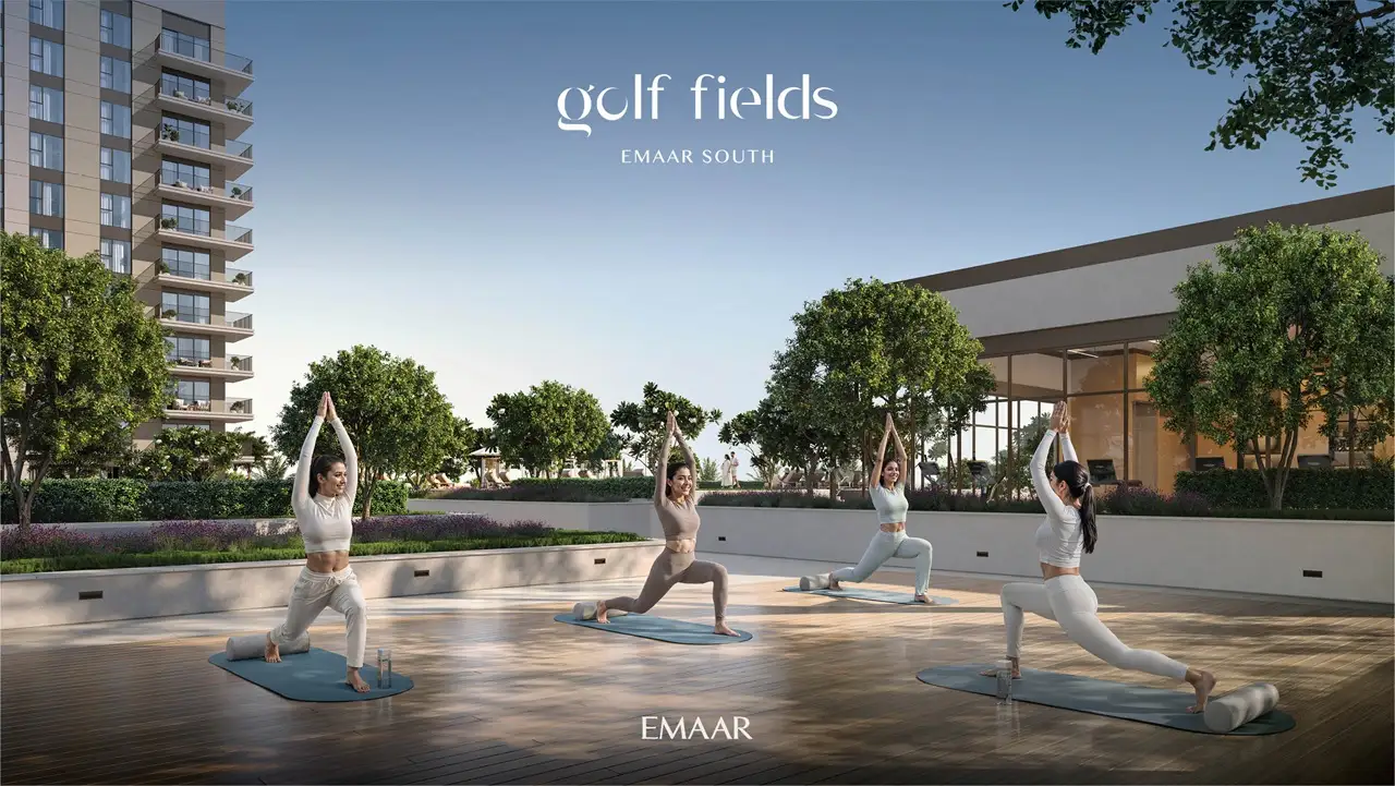 Golf Fields at Emaar South by Emaar Properties outdoor yoga deck surrounded by landscaped gardens and wellness facilities in Dubai - Presented by Tohid Fetrat