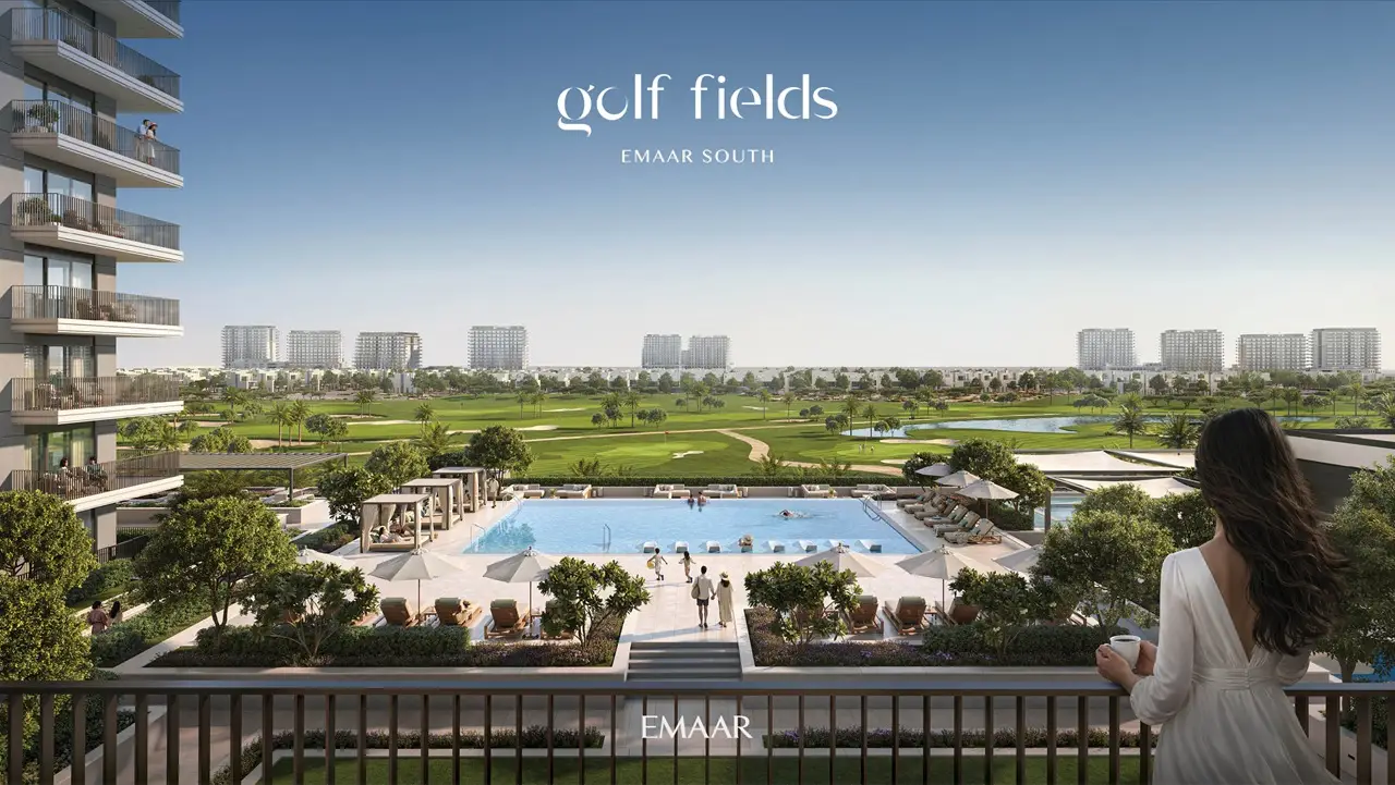 Golf Fields at Emaar South by Emaar Properties resort style swimming pool with panoramic golf course views in Dubai - Presented by Tohid Fetrat