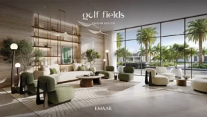 Golf Fields at Emaar South by Emaar Properties elegant residents lounge with floor to ceiling windows and landscaped views in Dubai - Presented by Tohid Fetrat