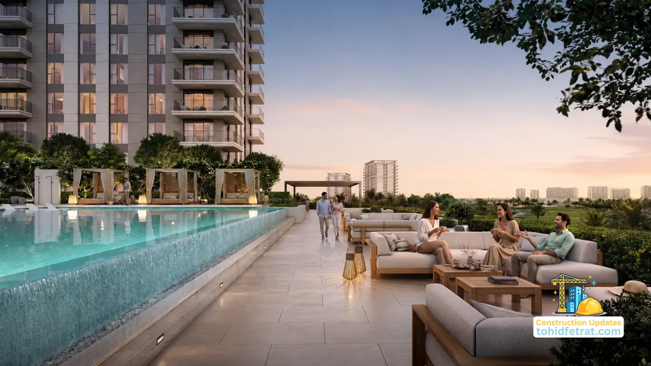 Golf Fields at Emaar South by Emaar Properties construction update February 2026 featuring amenity deck and infinity pool areas in Dubai - Presented by Tohid Fetrat