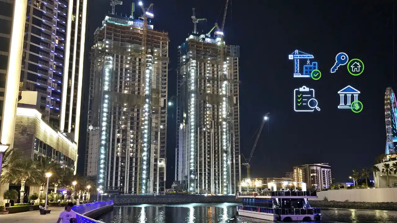 How Escrow Accounts Work in Practice Off Plan Transactions showing an off plan project under construction with secure buyer funds regulated payment stages and escrow account protection in Dubai Captured by Tohid Fetrat