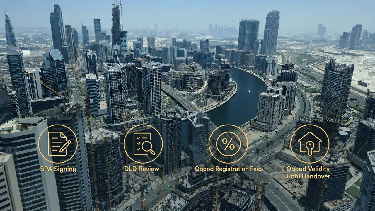 How Oqood Registration Works in Practice illustrated with an aerial view of Business Bay and Dubai Canal showing the off plan property registration process Captured by Tohid Fetrat