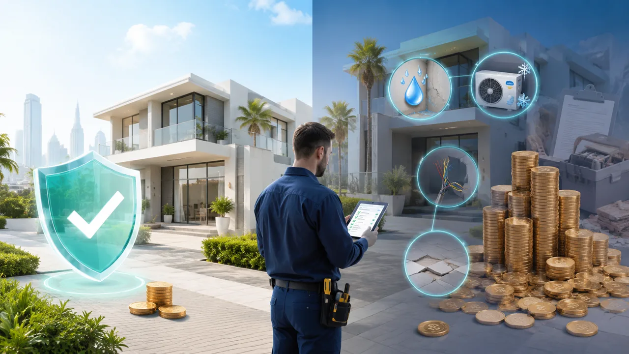 How Snagging Saves You Money showing a professional property inspection preventing costly repair issues in a luxury Dubai villa Presented by Tohid Fetrat