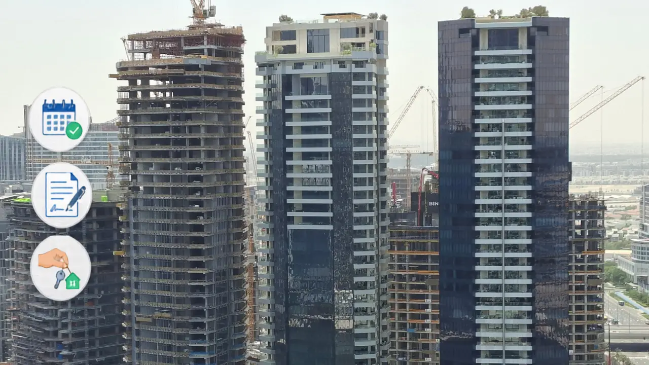 How the SPA Works in Practice Off Plan Process showing a Dubai property development progressing through construction stages before handover and ownership transfer captured by Tohid Fetrat