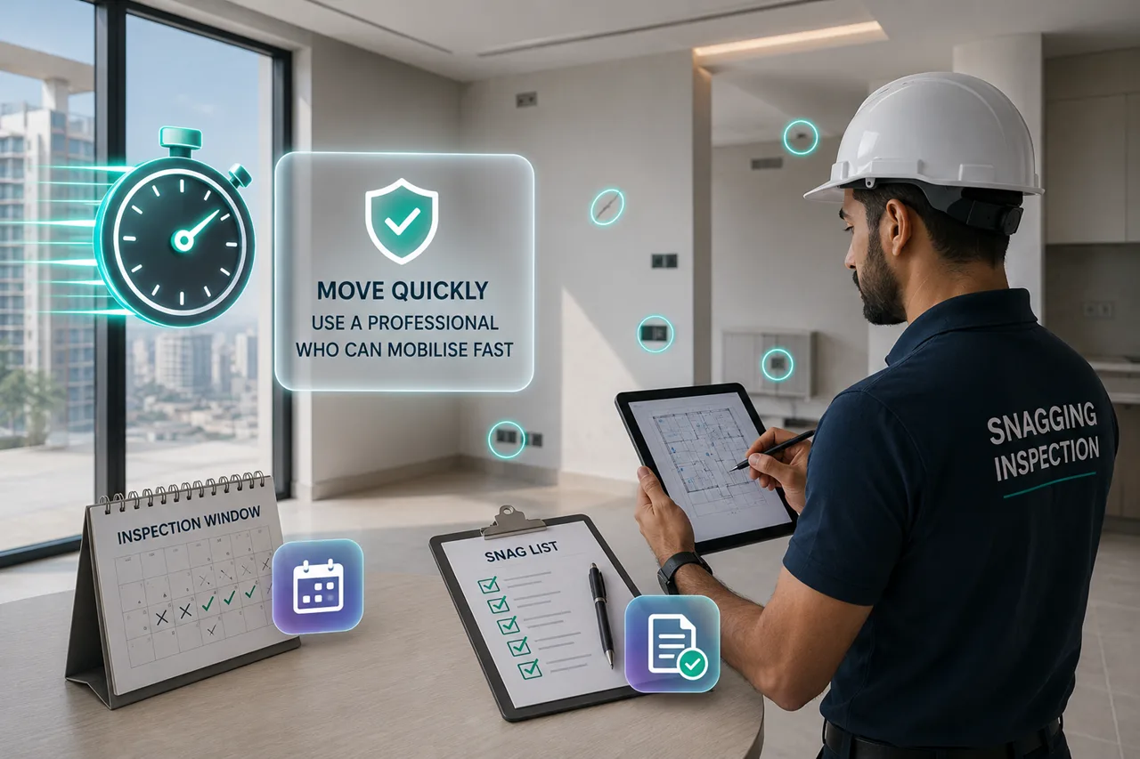 Professional snagging inspector working within a limited inspection window to identify property defects before handover in Dubai Presented by Tohid Fetrat