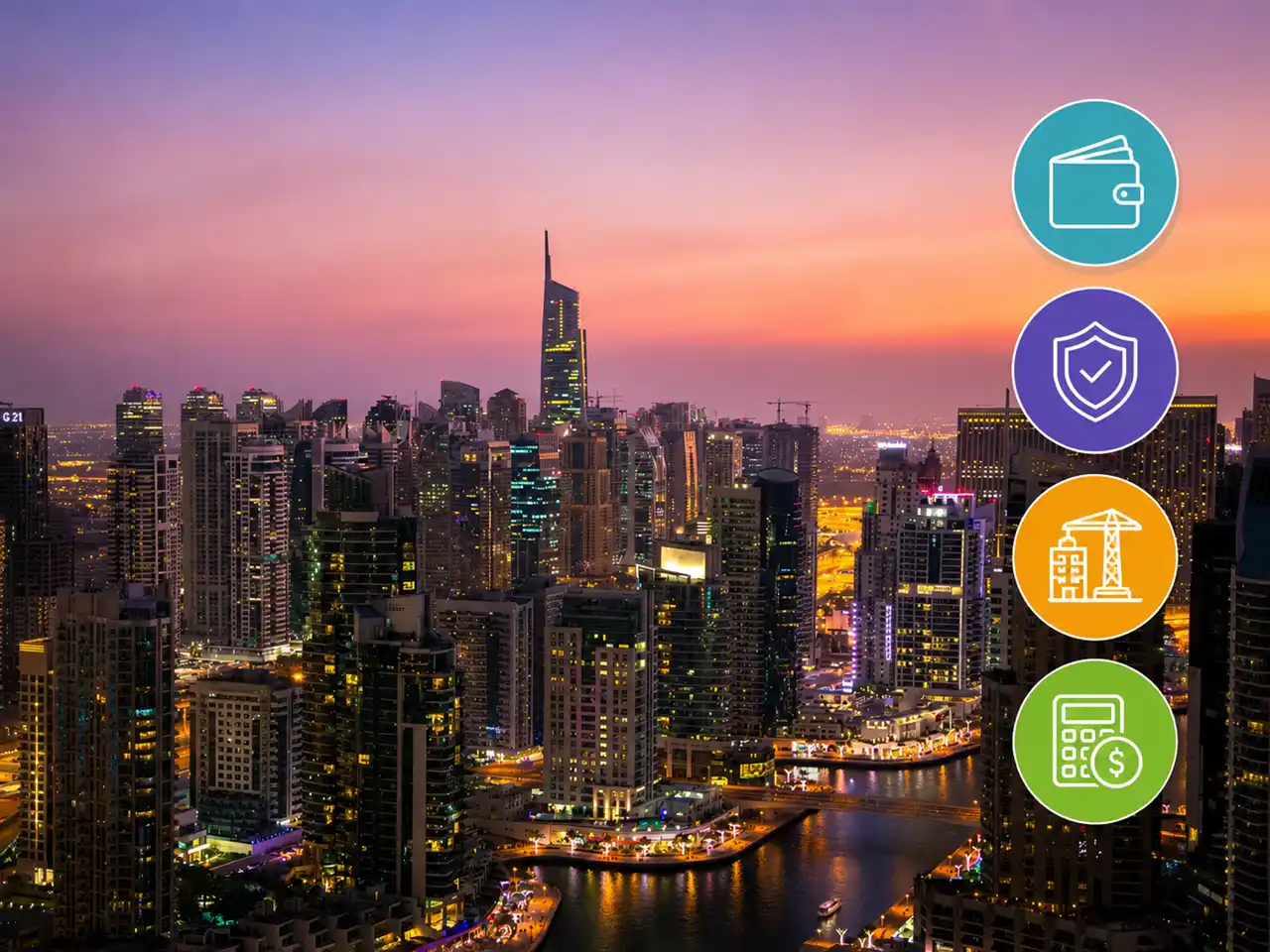 Important Things Investors Should Consider featuring the Dubai Marina skyline at sunset highlighting key factors for property investment in Dubai Presented by Tohid Fetrat
