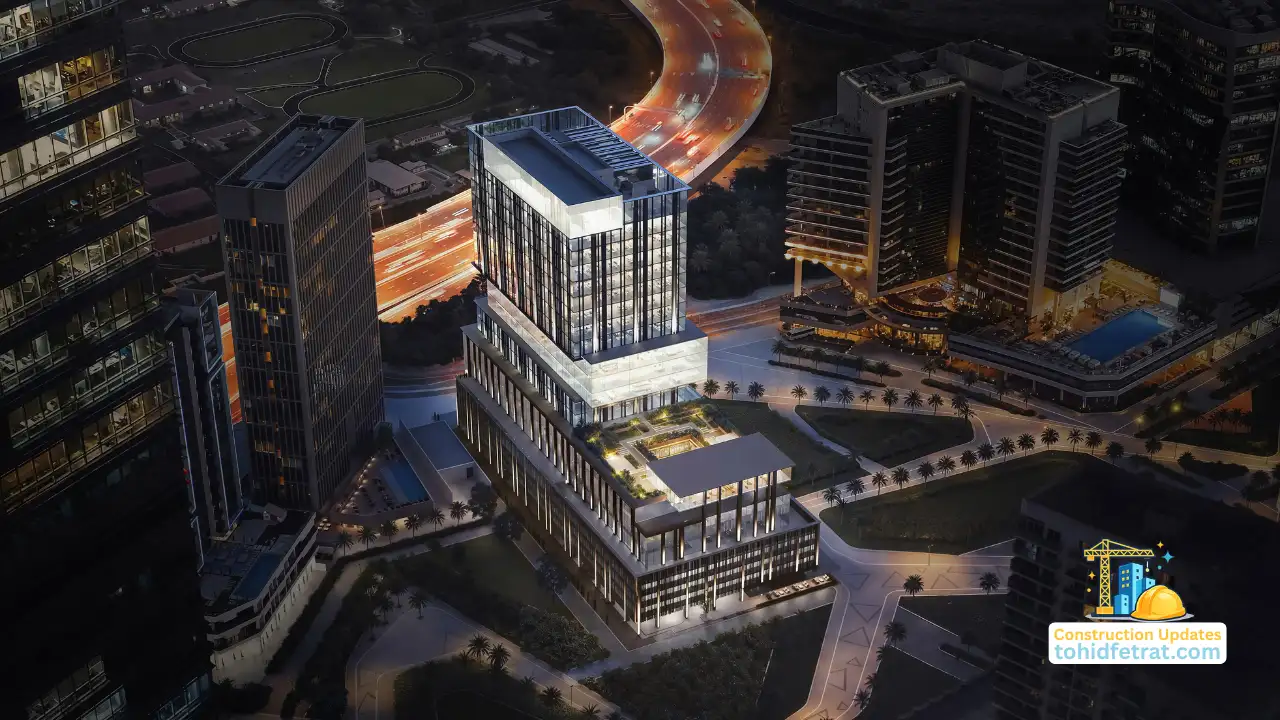 IRTH Construction Updates showing an illuminated mixed use development surrounded by Dubai business district towers at night Presented by Tohid Fetrat
