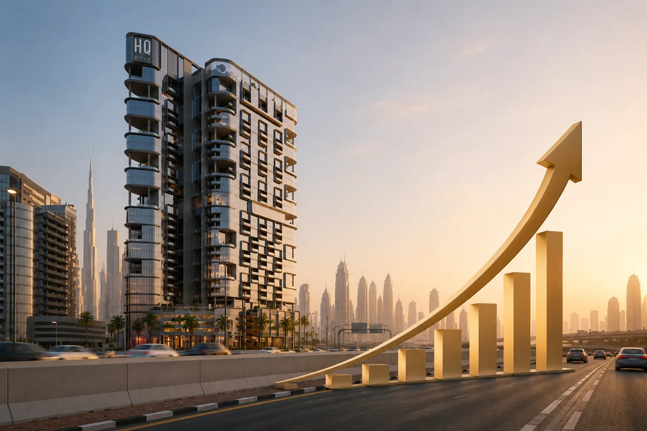 IRTH Heritage Inspired Development Growth featuring a contemporary high rise tower in Dubai with a rising growth chart symbolizing long term development expansion Presented by Tohid Fetrat