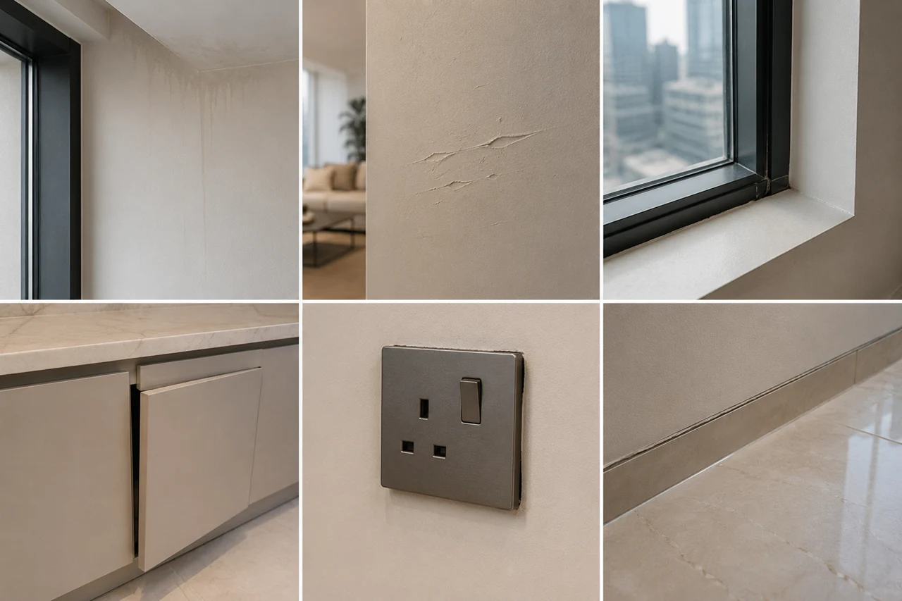 Joinery and Finishes inspection showing workmanship defects including paint imperfections cabinet alignment issues electrical fitting finishes skirting details and window finishing quality in a Dubai property Presented by Tohid Fetrat