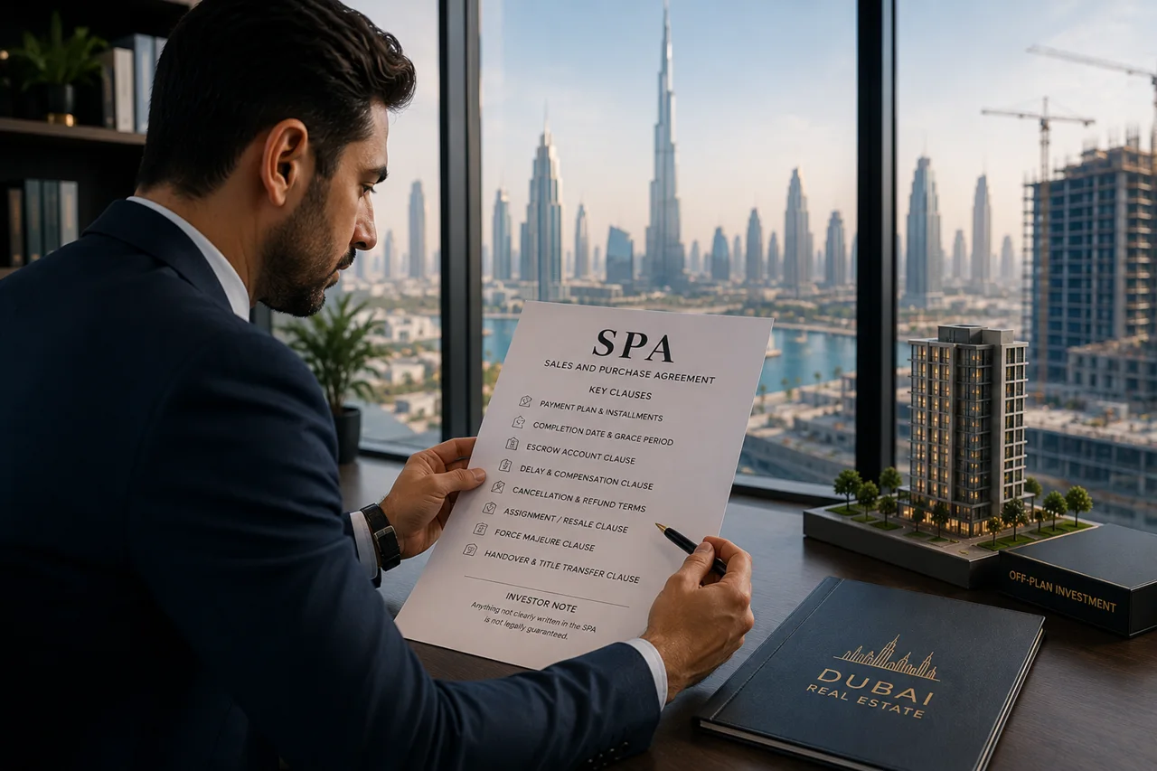 Key Clauses Every Investor Must Understand in an SPA showing a Dubai property investor reviewing critical Sales and Purchase Agreement terms before signing an off plan contract Presented by Tohid Fetrat