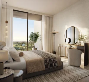 Lyvia by Palace at Dubai Creek Harbour by Emaar Properties contemporary bedroom interior with floor to ceiling windows and community views in Dubai - Presented by Tohid Fetrat