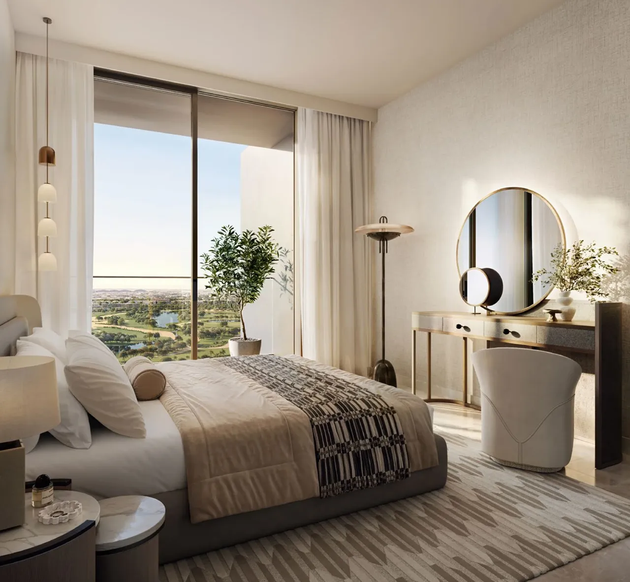 Lyvia by Palace at Dubai Creek Harbour by Emaar Properties contemporary bedroom interior with floor to ceiling windows and community views in Dubai - Presented by Tohid Fetrat