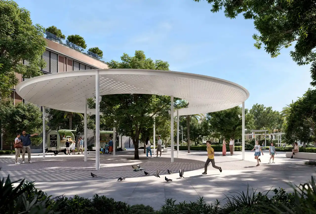 Lyvia by Palace at Dubai Creek Harbour by Emaar Properties landscaped community plaza with shaded gathering spaces in Dubai - Presented by Tohid Fetrat