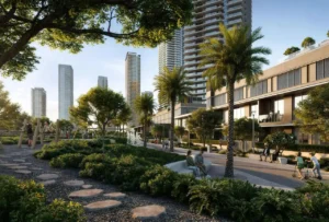 Lyvia by Palace at Dubai Creek Harbour by Emaar Properties landscaped community park with walking paths and residential towers in Dubai - Presented by Tohid Fetrat