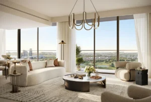 Lyvia by Palace at Dubai Creek Harbour by Emaar Properties luxury living room interior with floor to ceiling windows and panoramic community views in Dubai - Presented by Tohid Fetrat