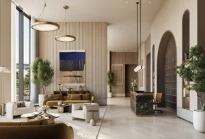 Lyvia by Palace at Dubai Creek Harbour by Emaar Properties luxury lobby interior with lounge seating and reception area in Dubai - Presented by Tohid Fetrat