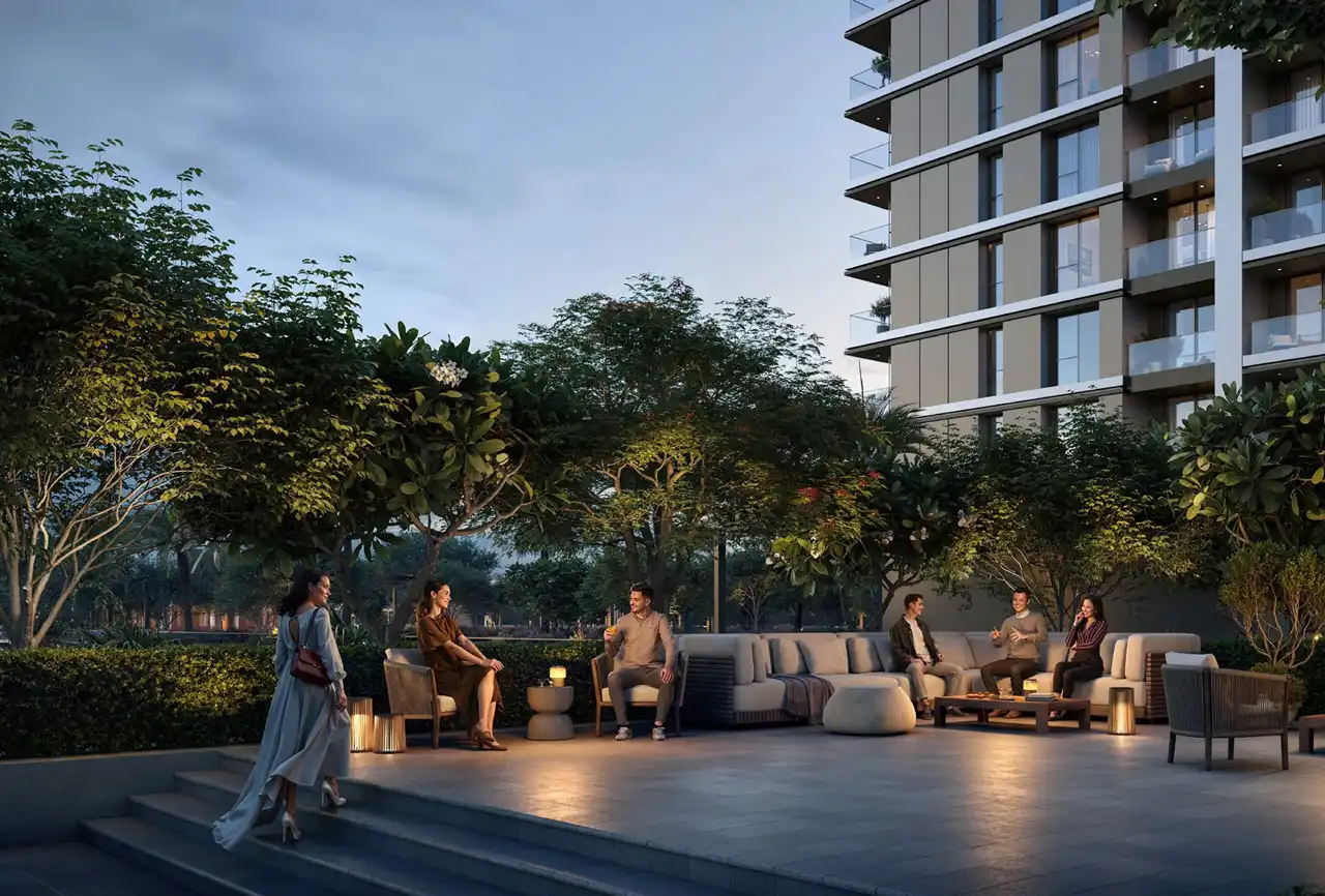 Lyvia by Palace at Dubai Creek Harbour by Emaar Properties outdoor social lounge and landscaped gathering space in Dubai - Presented by Tohid Fetrat