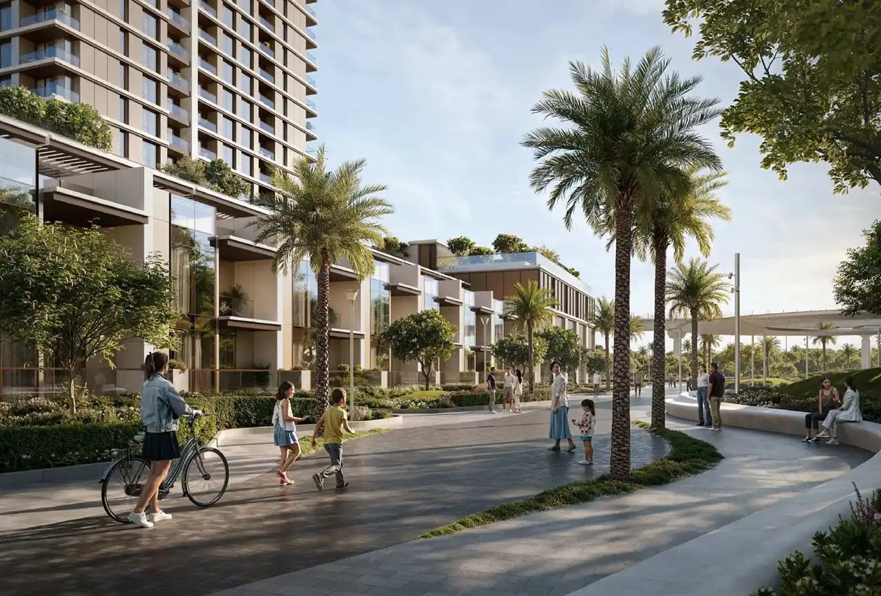 Lyvia by Palace at Dubai Creek Harbour by Emaar Properties pedestrian boulevard with palm lined walkways and residential buildings in Dubai - Presented by Tohid Fetrat
