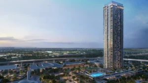 Lyvia by Palace at Dubai Creek Harbour by Emaar Properties residential tower exterior view overlooking landscaped surroundings in Dubai - Presented by Tohid Fetrat