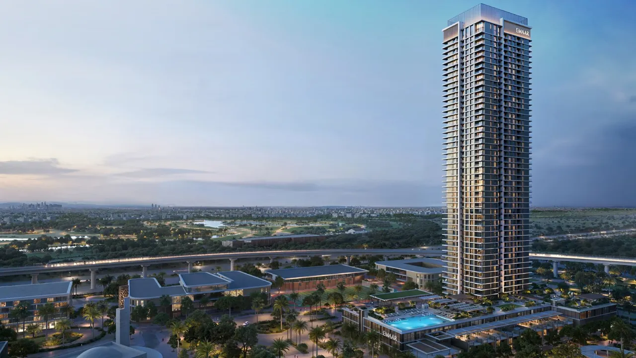 Lyvia by Palace at Dubai Creek Harbour by Emaar Properties residential tower exterior view overlooking landscaped surroundings in Dubai - Presented by Tohid Fetrat
