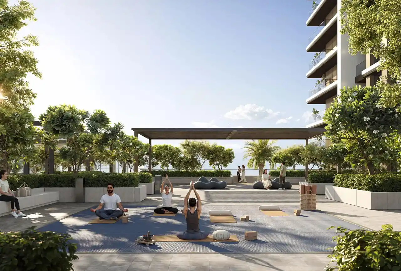 Lyvia by Palace at Dubai Creek Harbour by Emaar Properties outdoor yoga and wellness area surrounded by landscaped gardens in Dubai - Presented by Tohid Fetrat
