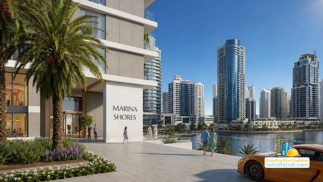 Marina Shores Construction Update May 2026 featuring waterfront tower entrance and Dubai Marina skyline views, Presented by Tohid Fetrat