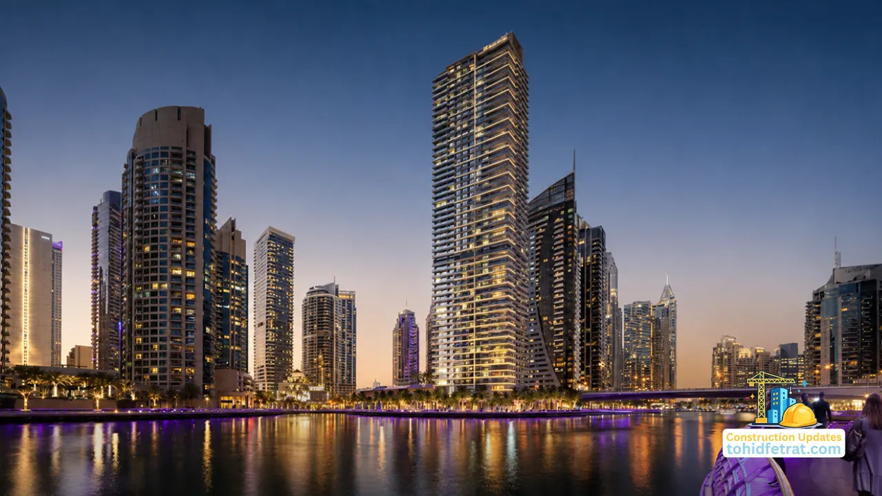 Marina Shores Construction Updates featuring illuminated waterfront tower and Dubai Marina skyline at dusk, Presented by Tohid Fetrat